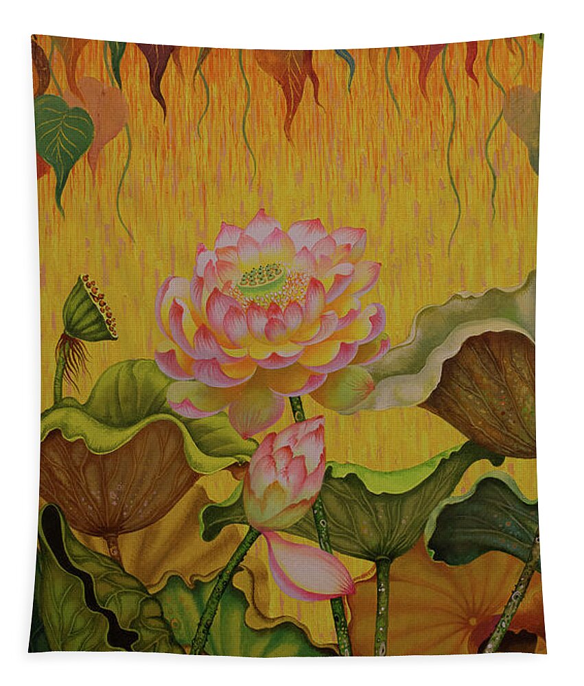 Buddha Paintings Tapestry featuring the painting Reclining Buddha triptych left part by Yuliya Glavnaya