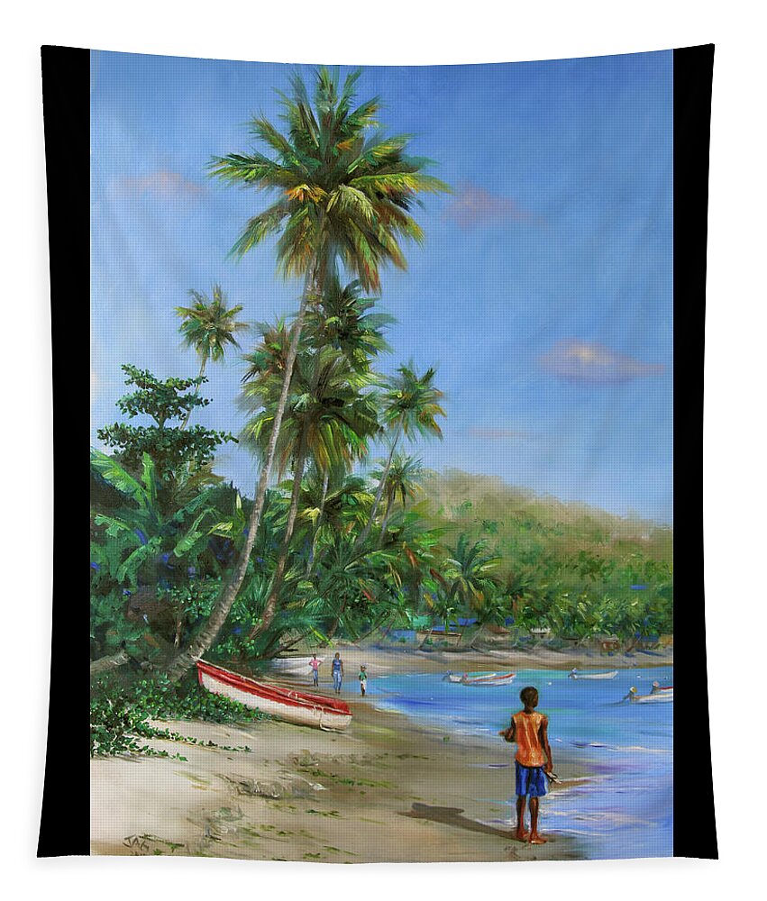 Caribbean Art Tapestry featuring the painting Red and White Boat by Jonathan Gladding