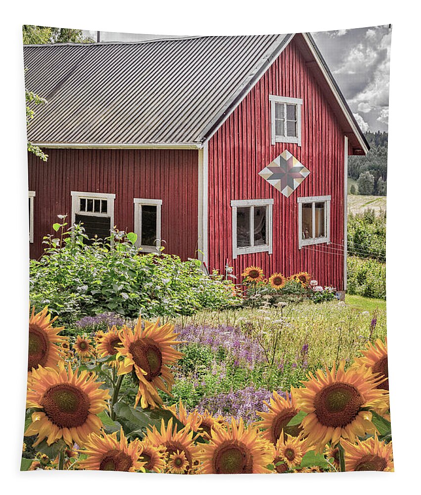 Barn Tapestry featuring the photograph Red Barn in Summer Country Sunflowers by Debra and Dave Vanderlaan