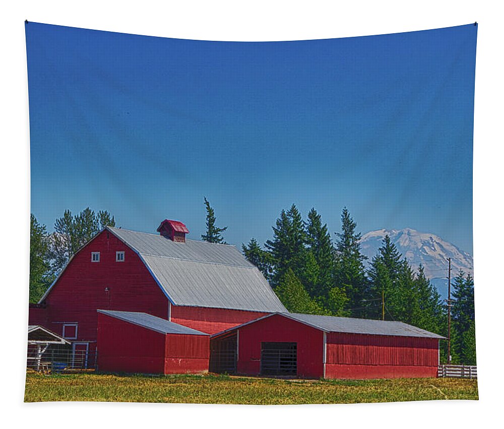 Enumclaw Tapestry featuring the photograph Red barn with Mount Rainier by Steve Estvanik