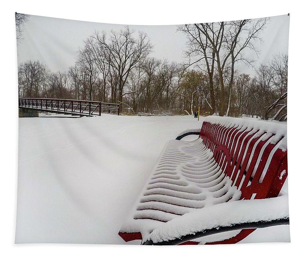 Rochester Tapestry featuring the digital art Red Bench in the Snow G0903432 by Michael Thomas