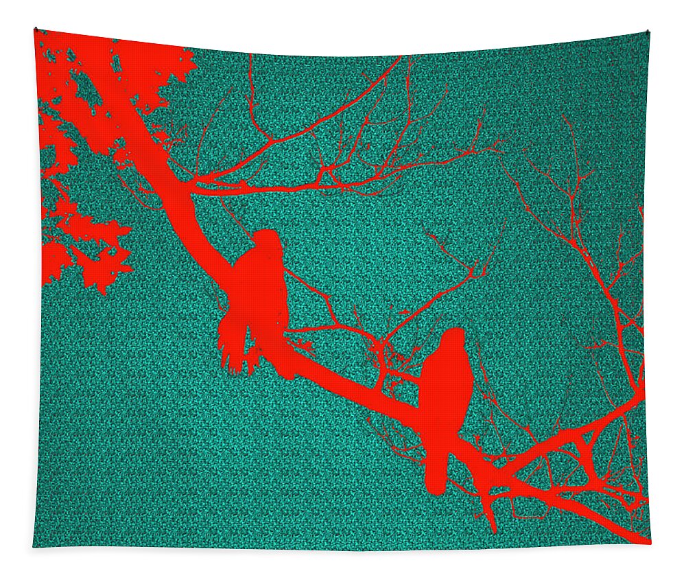 Birds Tapestry featuring the digital art Red Birds on Branch by Geoff Jewett