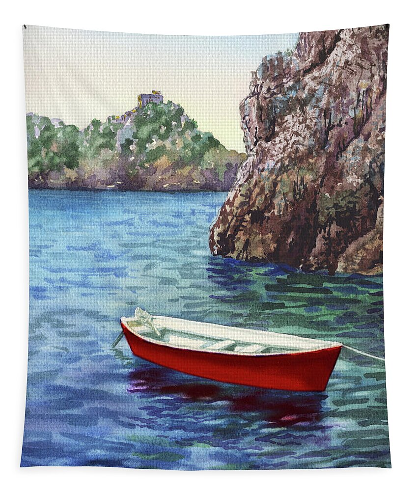 Red Tapestry featuring the painting Red Boat In The Blue Sea by Irina Sztukowski