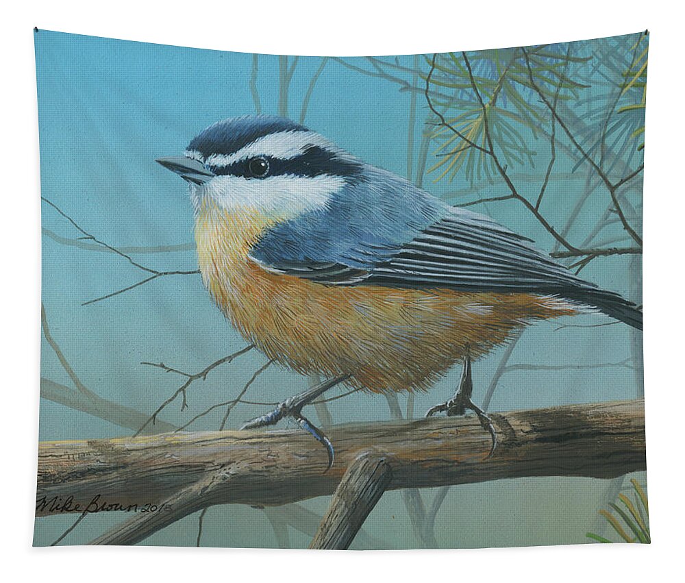 Red Brested Nuthatch Tapestry featuring the painting Red Brested Nuthatch by Mike Brown