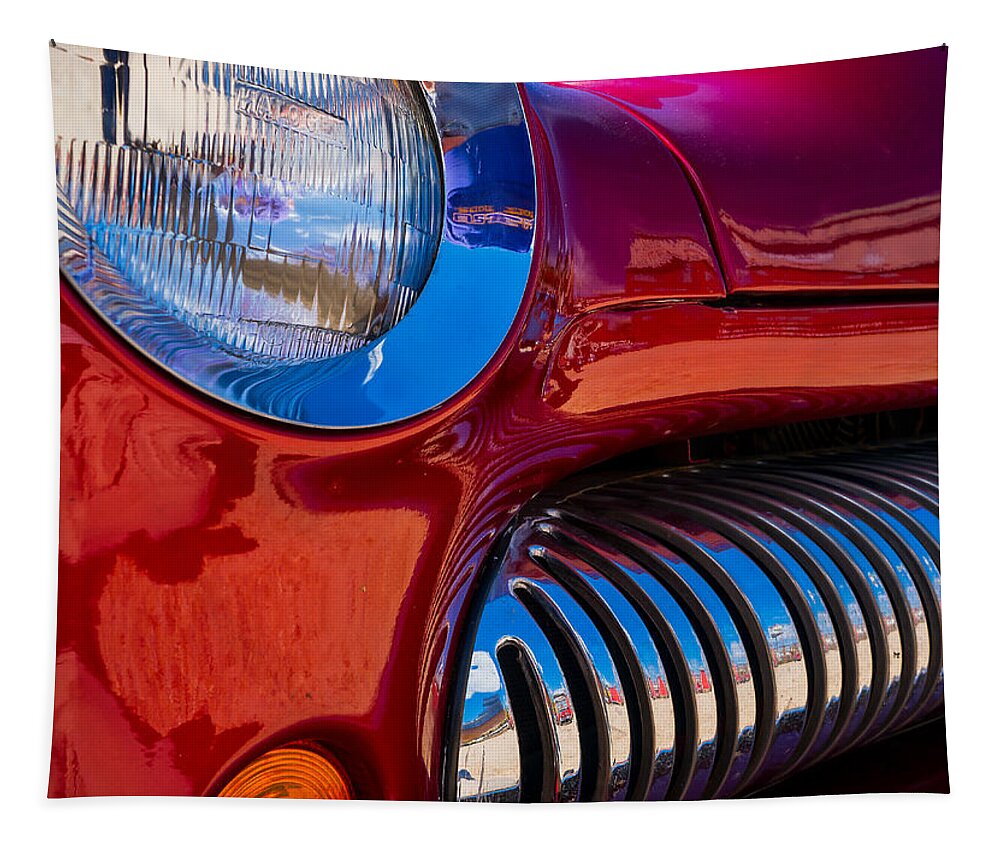 Red Tapestry featuring the photograph Red Car Chrome Grill by Tom Gresham