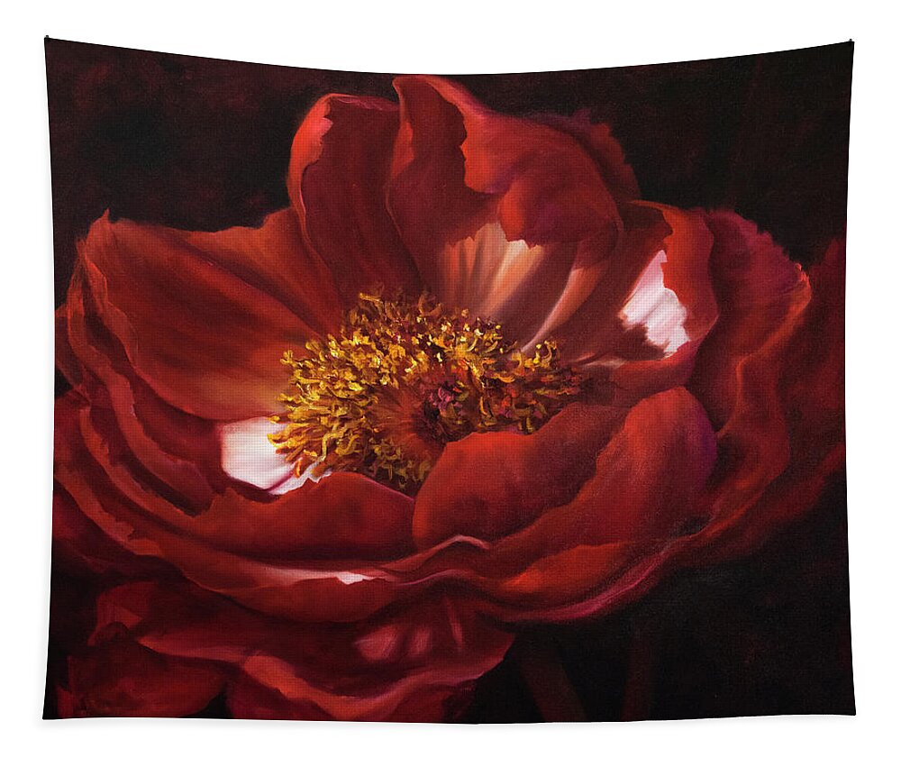 Red Flower Tapestry featuring the painting Red Peonie Macro Painting by Lynne Pittard