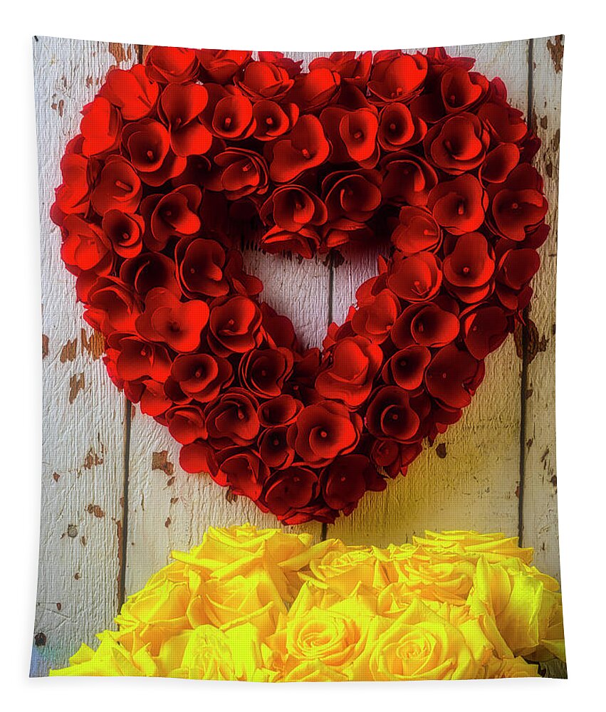 Heart Wreath Wood Wall Tapestry featuring the photograph Red Heart Wreath And Yellow Roses by Garry Gay