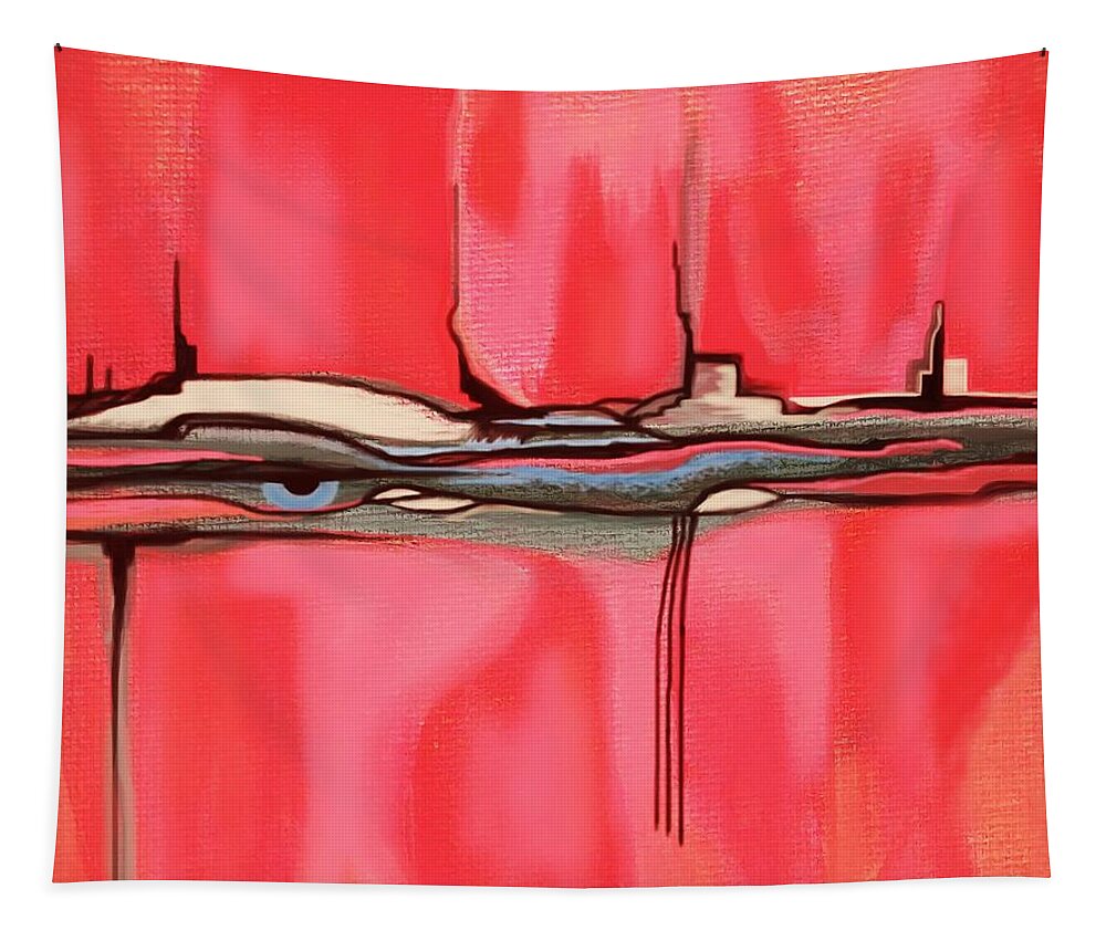 Digital Art Tapestry featuring the mixed media Red Pink Peach Blue Eye in Pink Adobe World Abstract Landscape Wall Artwork by Delynn Addams by Delynn Addams