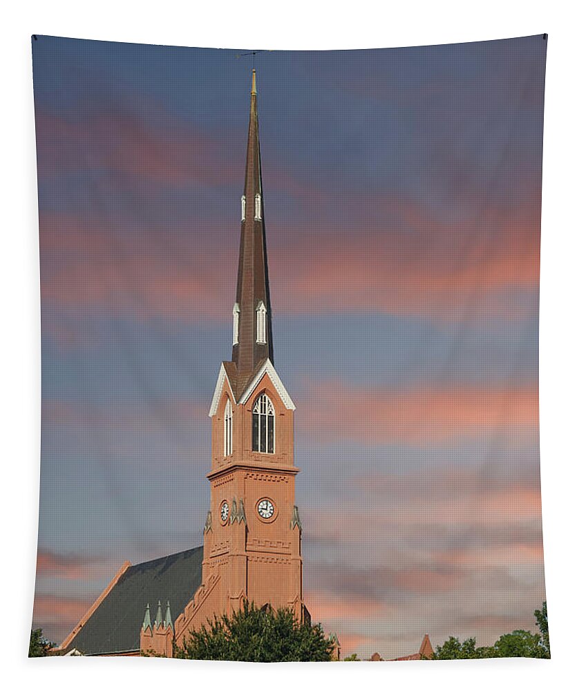 Charleston Tapestry featuring the photograph Red Stucco Steeple Rising in Early Morning Light by Darryl Brooks