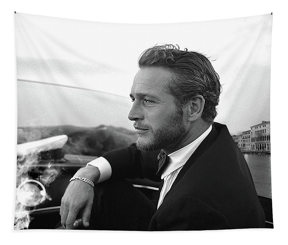 Paul Newman Tapestry featuring the mixed media Reflecting, Paul Newman, movie star, cruising Venice, enjoying a Cuban cigar, black and white by Thomas Pollart