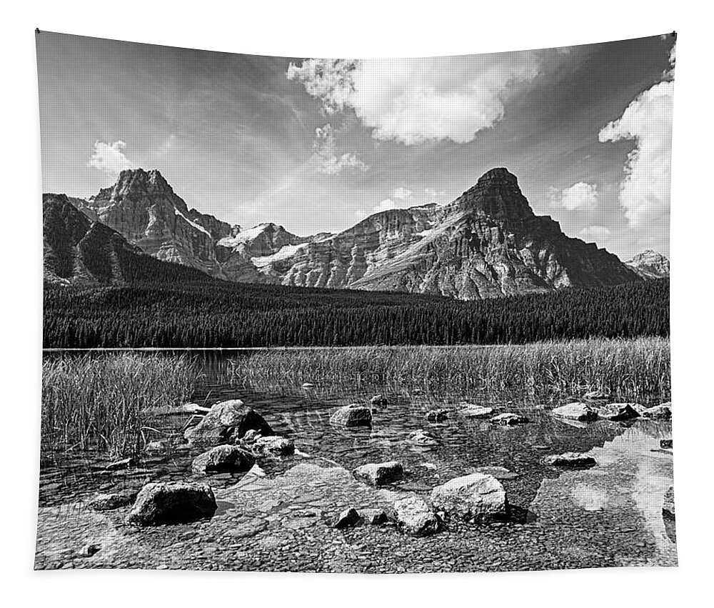 Banff Tapestry featuring the photograph Reflection on Waterfowl Lake Banff National Park Alberta Canada Rocky Black and White by Toby McGuire