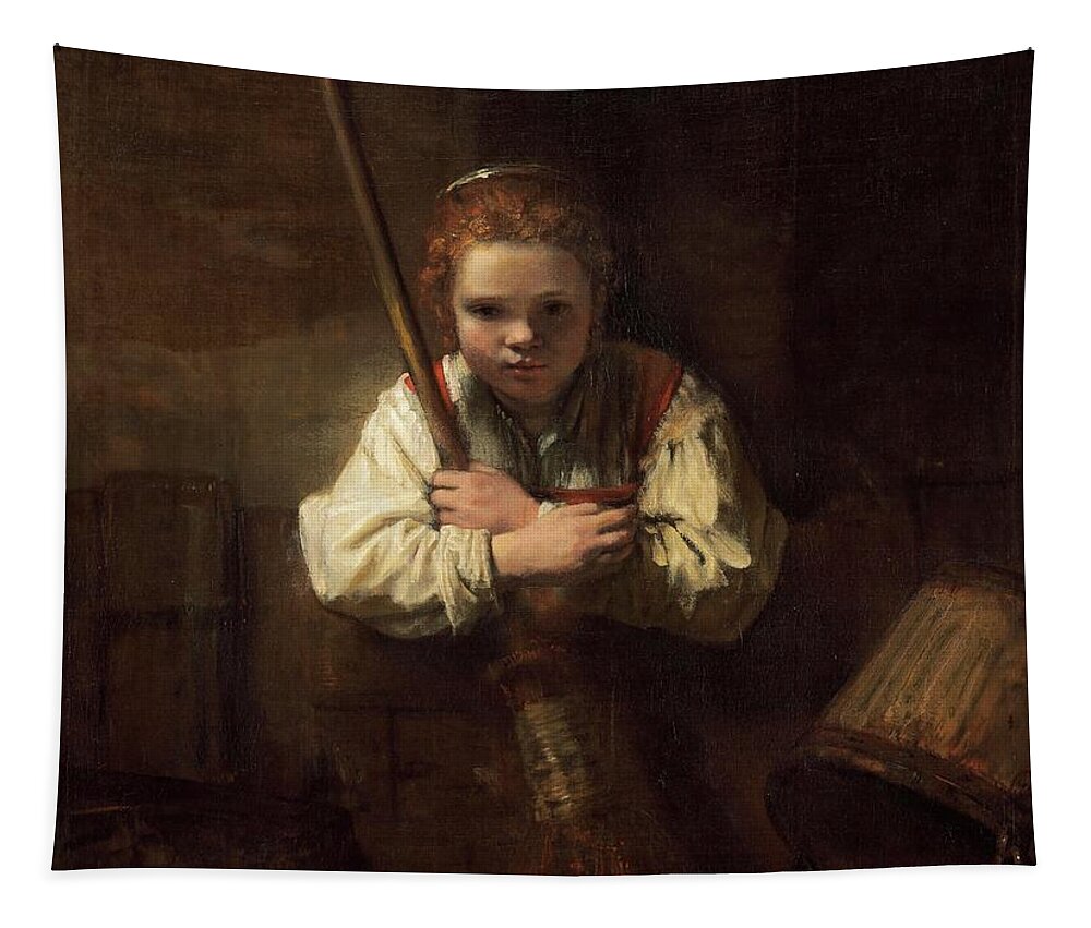 Oil On Canvas Tapestry featuring the painting Rembrandt Workshop -Possibly Carel Fabritius- A Girl with a Broom. by Rembrandt Workshop -Possibly Carel Fabritius-