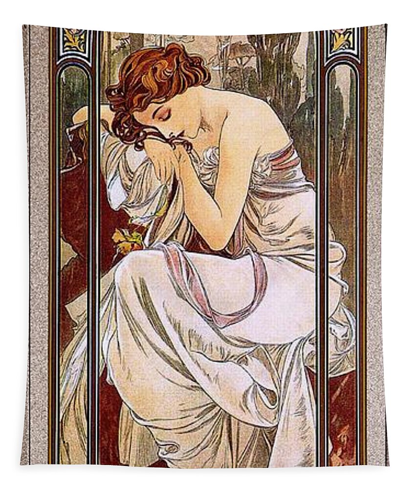 Rest Of The Night Tapestry featuring the painting Rest Of The Night by Alphonse Mucha by Rolando Burbon