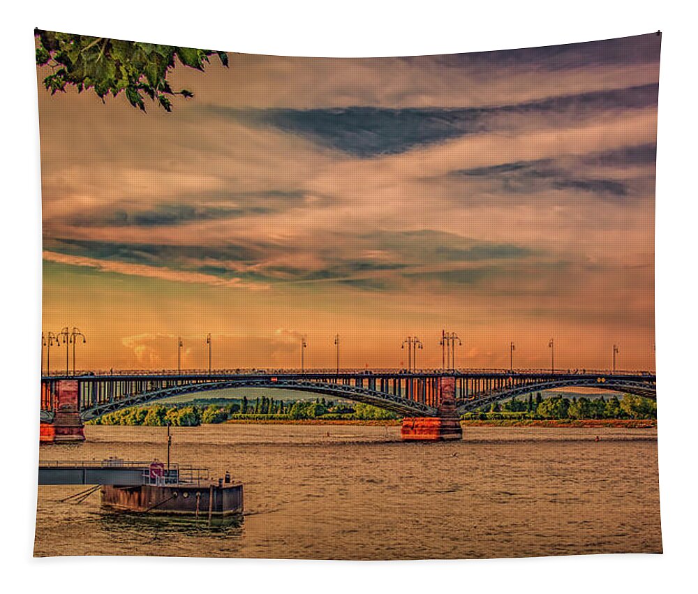 Mainz Tapestry featuring the photograph Rhine River Sunset in Mainz by Marcy Wielfaert