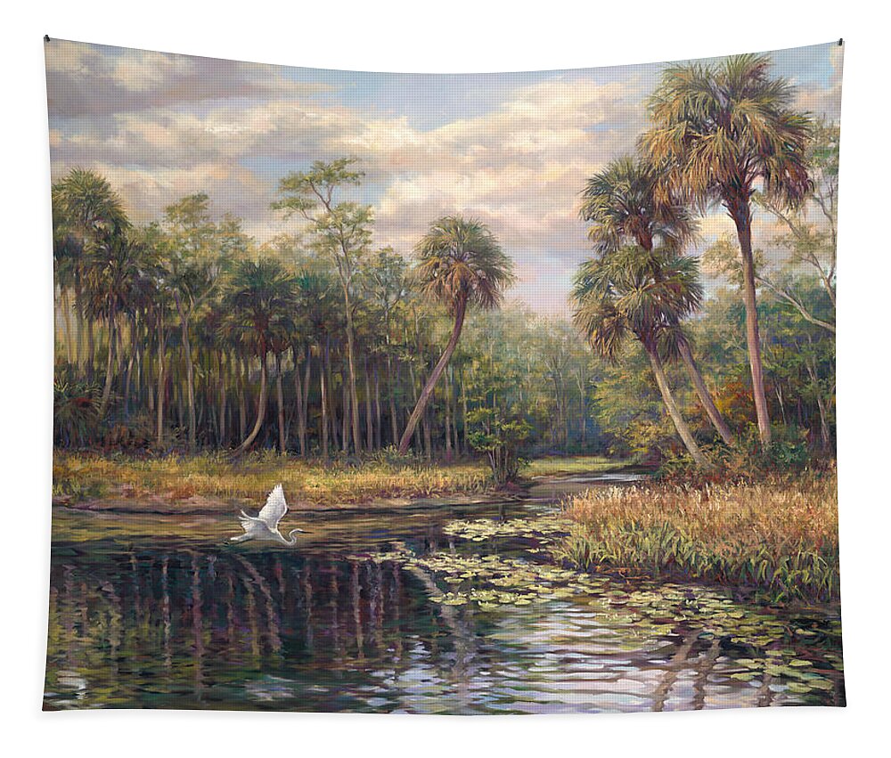 Romantic Landscape Tapestry featuring the painting River Bend park Swan II by Laurie Snow Hein