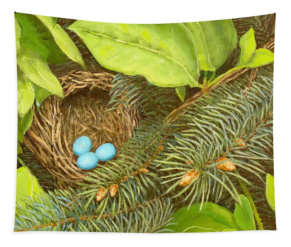 Bird Tapestry featuring the painting Robin's Nest by Joe Bergholm