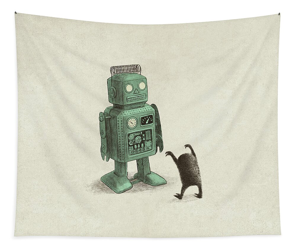 Vintage Tapestry featuring the drawing Robot Vs Alien by Eric Fan