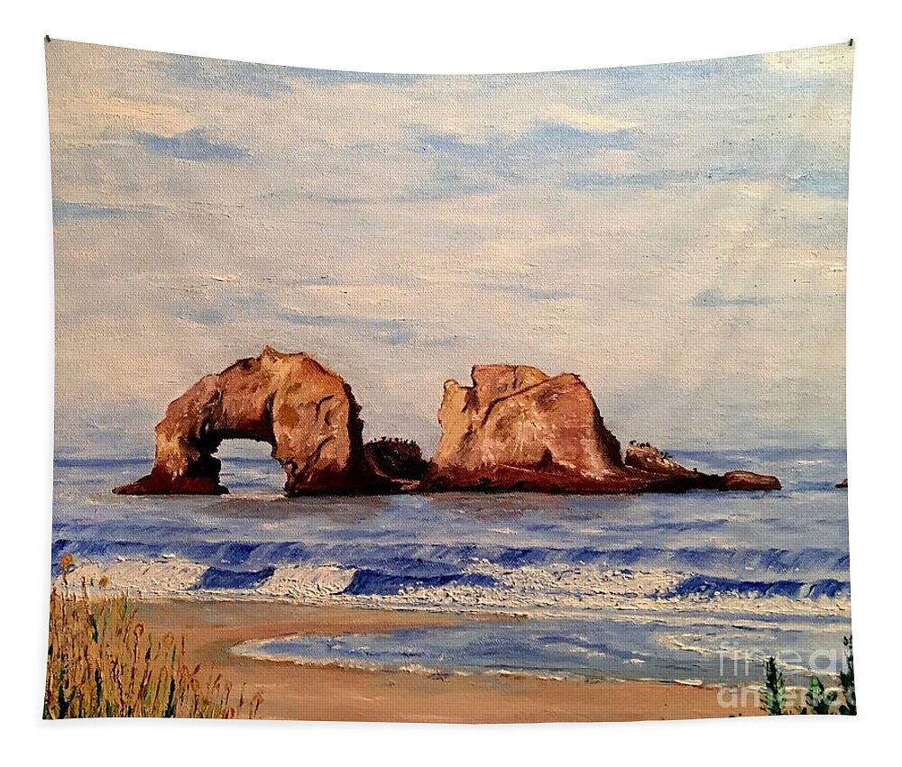 Beach Tapestry featuring the painting Rockaway Beach, OR by Lisa Rose Musselwhite