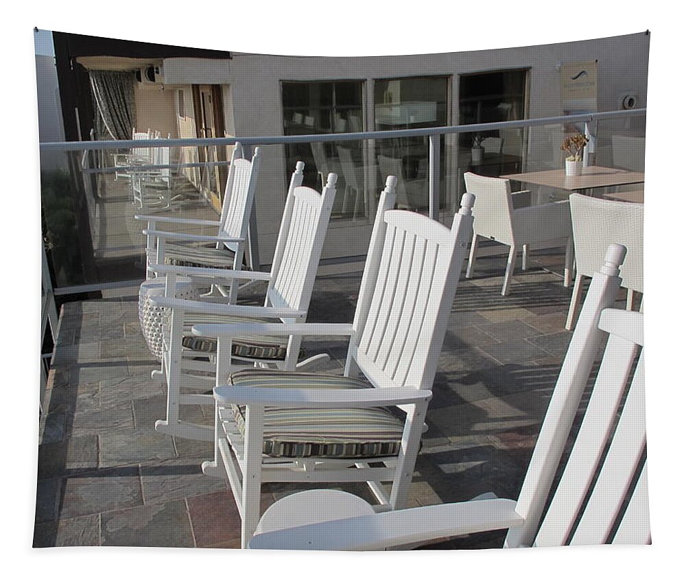 Rocking Chairs Tapestry featuring the photograph Rocking Chairs Overlooking the Ocean by Laura Smith