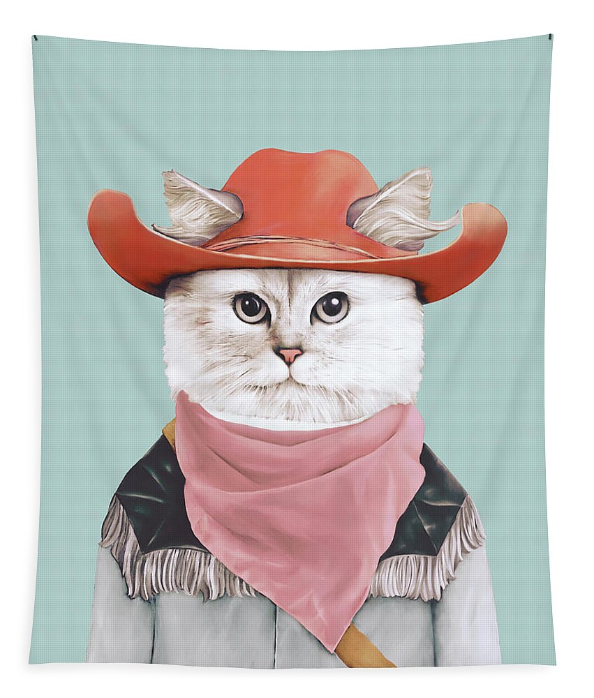 #faatoppicks Rodeo Cat Cowboy Cat Quirky Cat Whimsical Cats Animals In Suits Animals In Clothes Well Dressed Animals Animal Portrait Animal Crew Animal Painting Illustrated Animals Whimsical Illustrated Animals Whimsical Animals Quirky Animals Quirky Quirky Artwork Quirky Paintings Quirky Prints Quirky Decor Quirky Cushions Fun Artwork Lovable Animals Animal Characters Dapper Retro Modern Girls Room Fun Room Decor Tapestry featuring the painting Rodeo Cat by Animal Crew