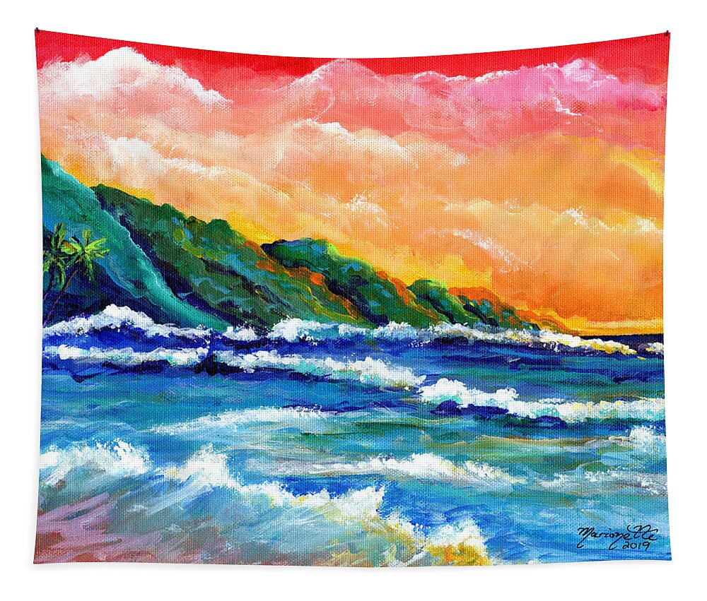 Kauai Tapestry featuring the painting Romantic Kauai Sunset by Marionette Taboniar