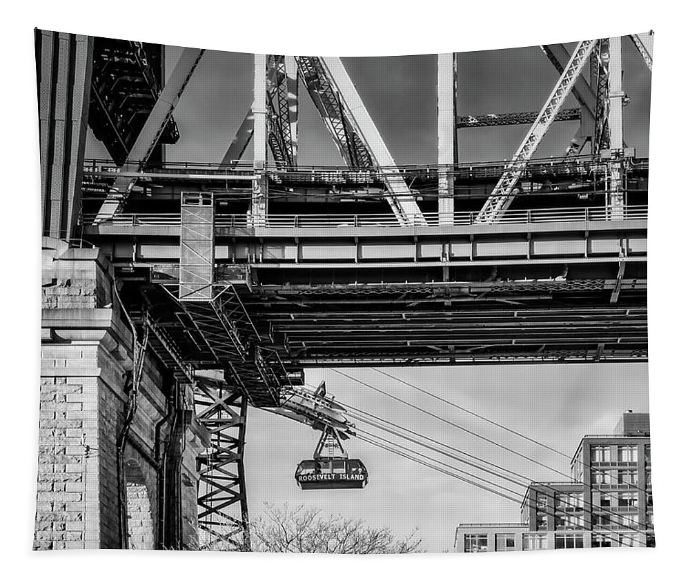 Roosevelt Island Tram Tapestry featuring the photograph Roosevelt Tram Underneath The 59 St Bridge BW by Susan Candelario