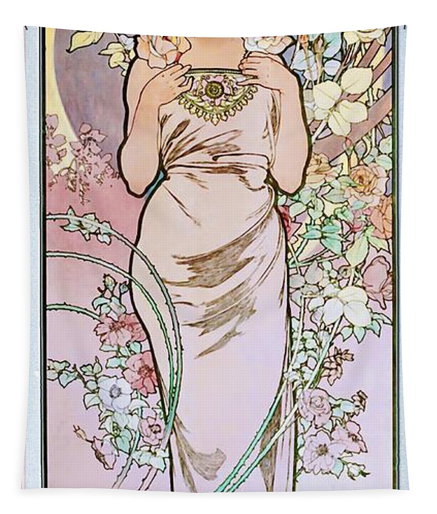 Rose Tapestry featuring the painting Rose by Alphonse Mucha by Rolando Burbon