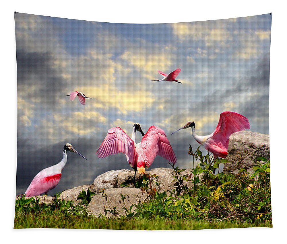 Roseata Tapestry featuring the digital art Roseata Spoonbills on the Rocks by Michele A Loftus