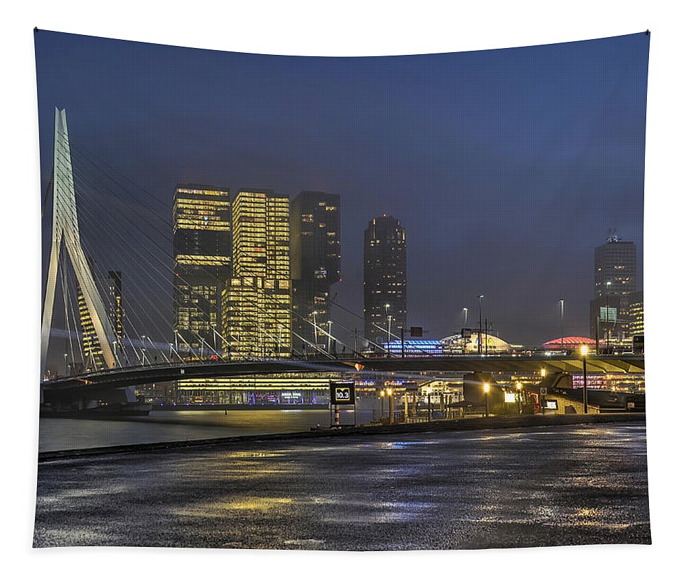 Architecture Tapestry featuring the photograph Rotterdam southbank in the blue hour by Frans Blok