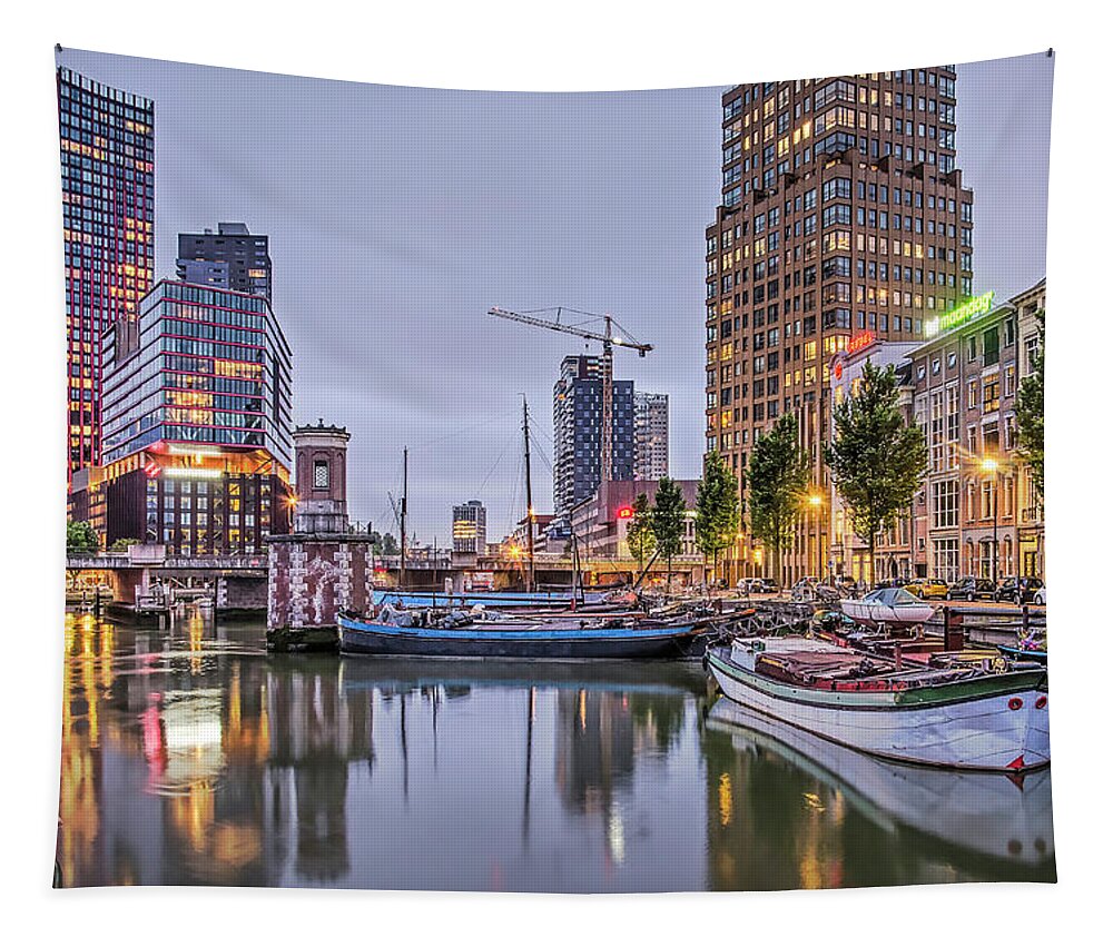 Apartment Tapestry featuring the photograph Rotterdam Wijnhaven in the blue hour by Frans Blok