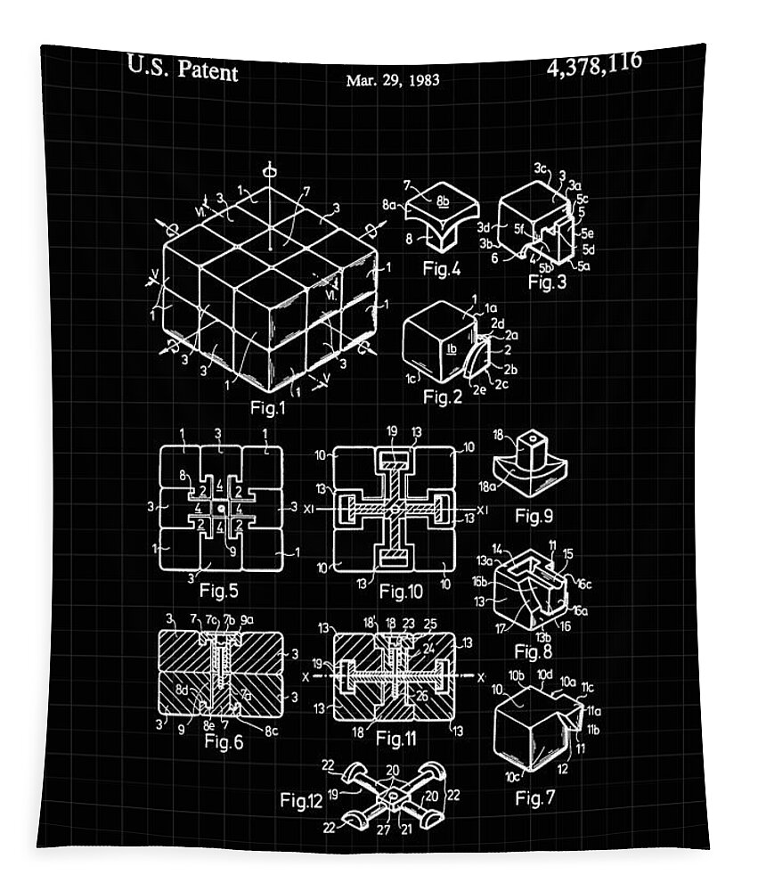 Rubik's Cube Tapestry featuring the digital art Rubik's Cube Patent 1983 - Black and White by Marianna Mills