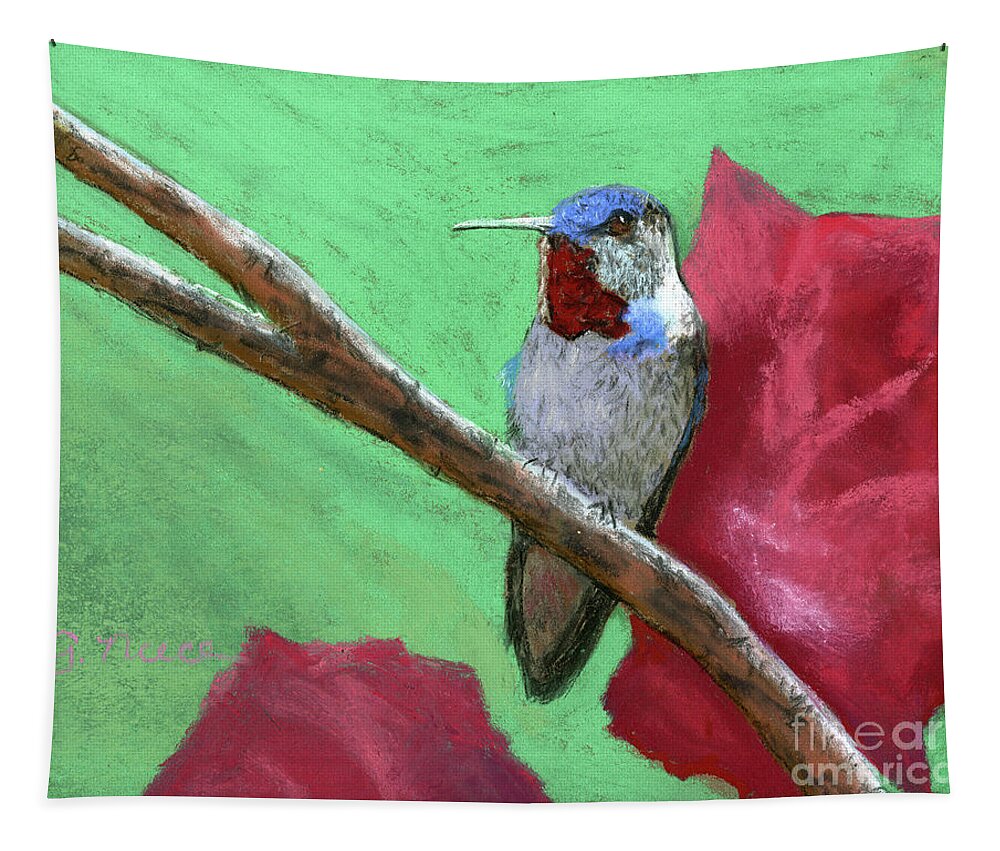 Ruby Throated Hummingbird. Bird Tapestry featuring the painting Ruby Feathers by Ginny Neece