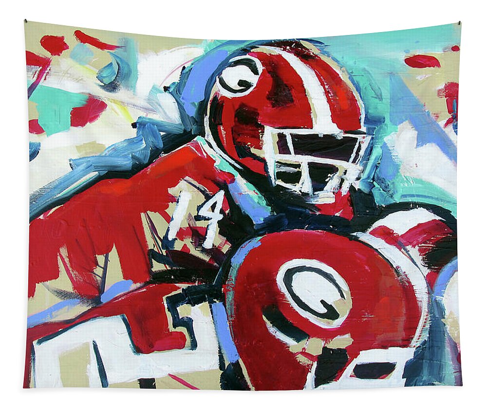 Uga Football Tapestry featuring the painting Run The Play by John Gholson