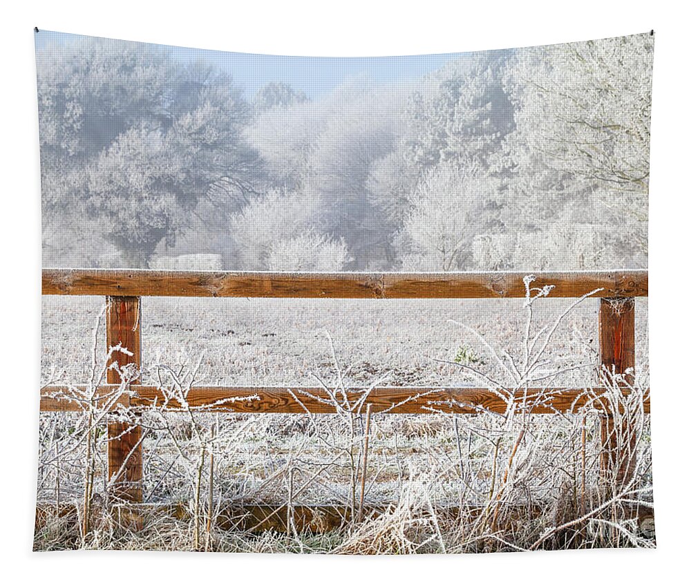 Landscape Tapestry featuring the photograph Rural winter snow scene and fence by Simon Bratt
