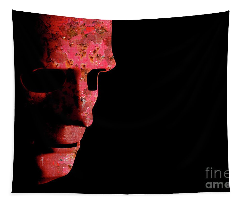 Mask Tapestry featuring the photograph Rusty robotic face old technology by Simon Bratt