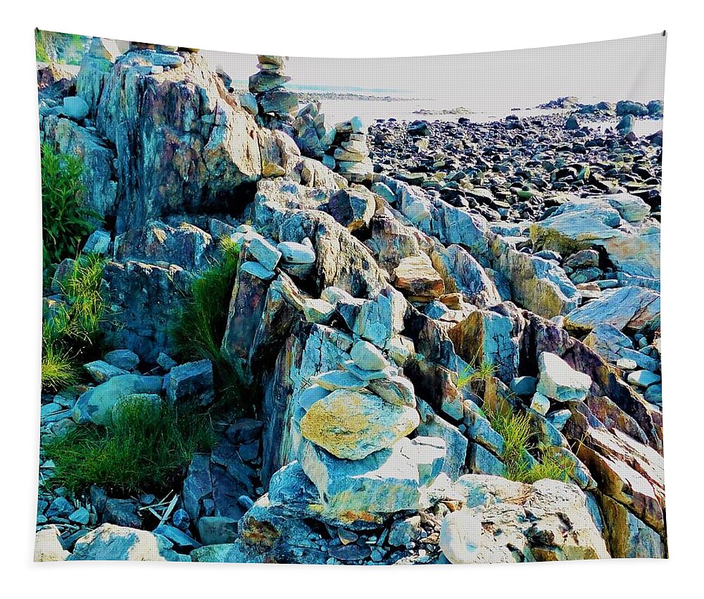 - Rye Nh Rock Cairns Tapestry featuring the photograph - Rye NH Rock Cairns by THERESA Nye
