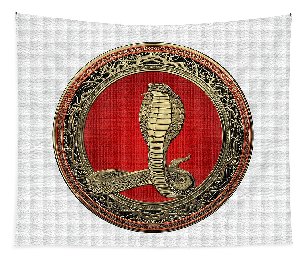'beasts Creatures And Critters' Collection By Serge Averbukh Tapestry featuring the digital art Sacred Gold King Cobra on White Leather by Serge Averbukh