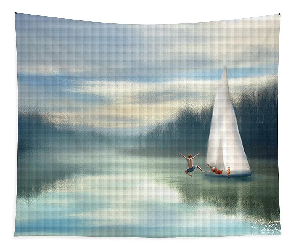 Sailing Boats Tapestry featuring the mixed media Sailing Down the River by Colleen Taylor