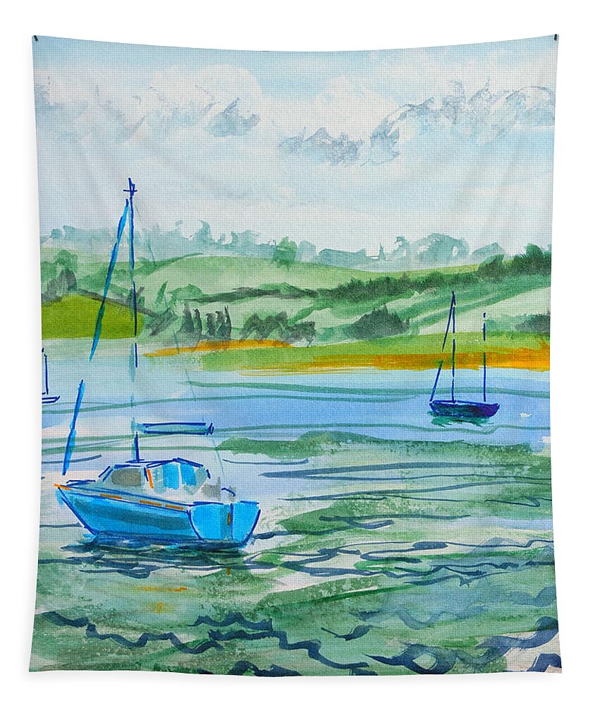 Boats Tapestry featuring the painting Sailing on the River Exe at Topsham watercolour painting en plein air by Mike Jory