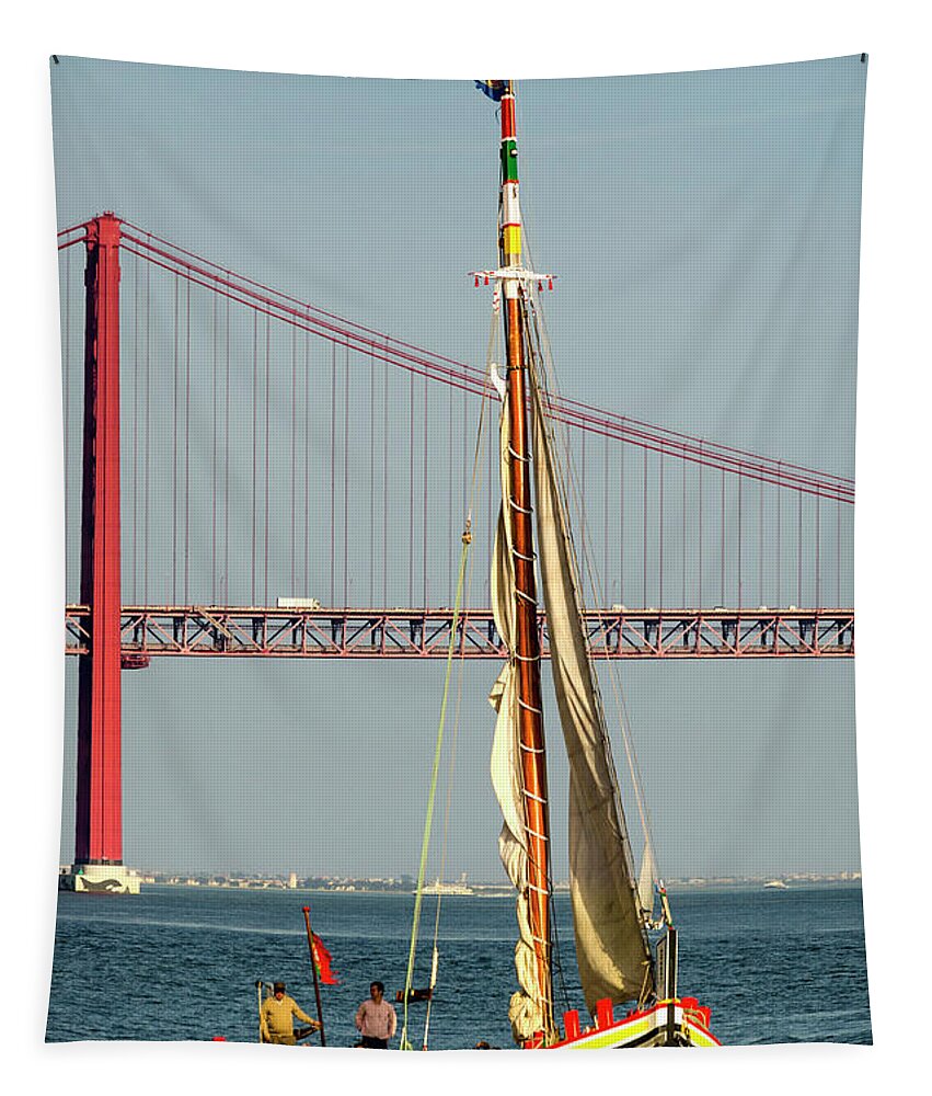 25 De Abril Bridge Tapestry featuring the photograph Sailing on the Tagus by Pablo Lopez