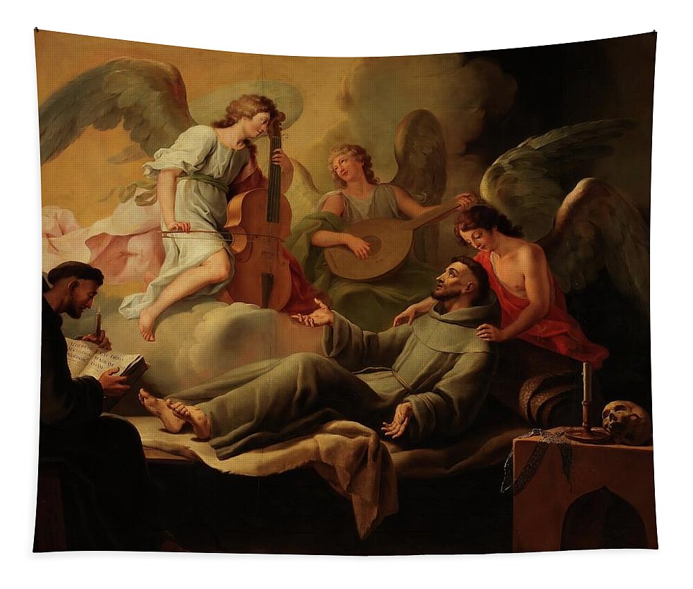 Francis Of Assisi Tapestry featuring the painting 'Saint Francis Comforted by Angels'. 1788. Oil on canvas. by Jose Camaron Bonanat Jose Camaron
