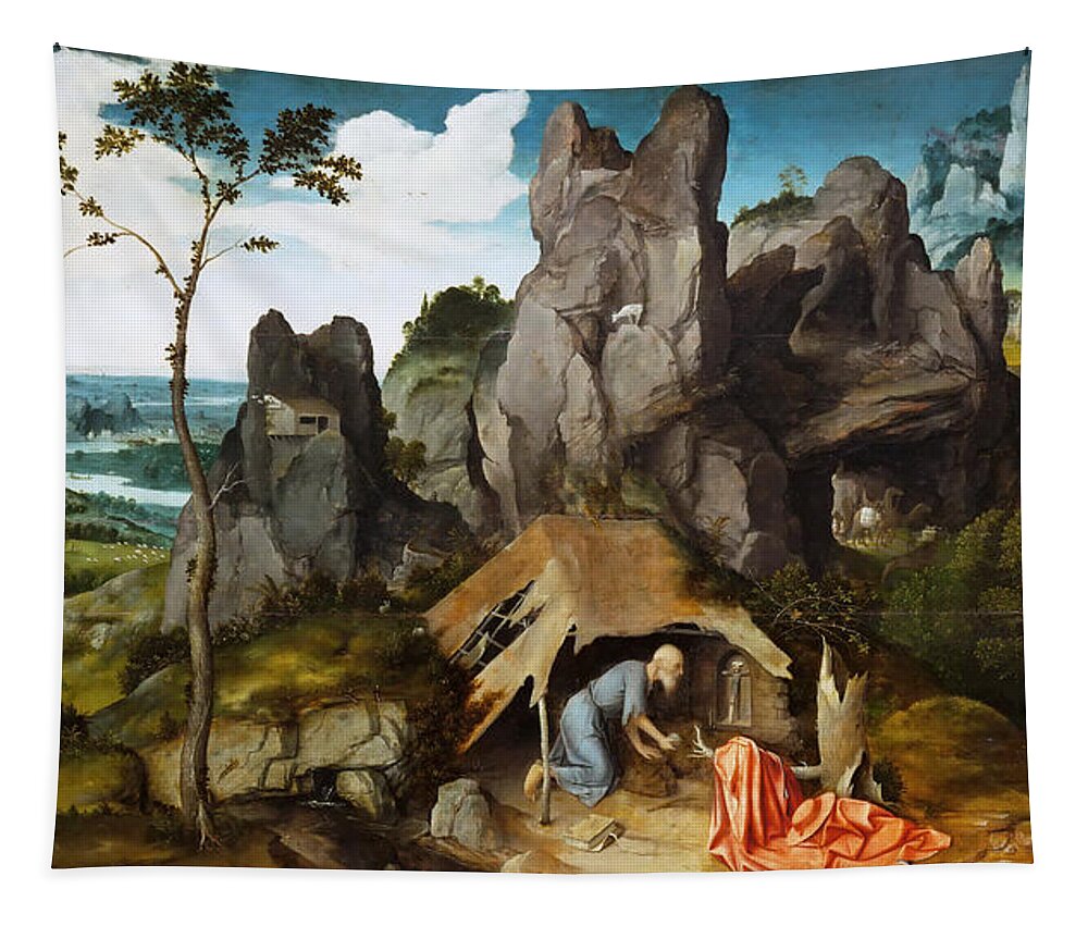Joachim Patinir Tapestry featuring the painting Saint Jerome in the Desert by Joachim Patinir