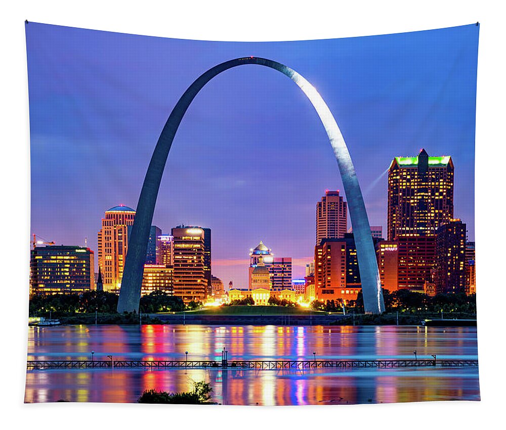 America Tapestry featuring the photograph Saint Louis Skyline and Arch Over The Mississippi River by Gregory Ballos