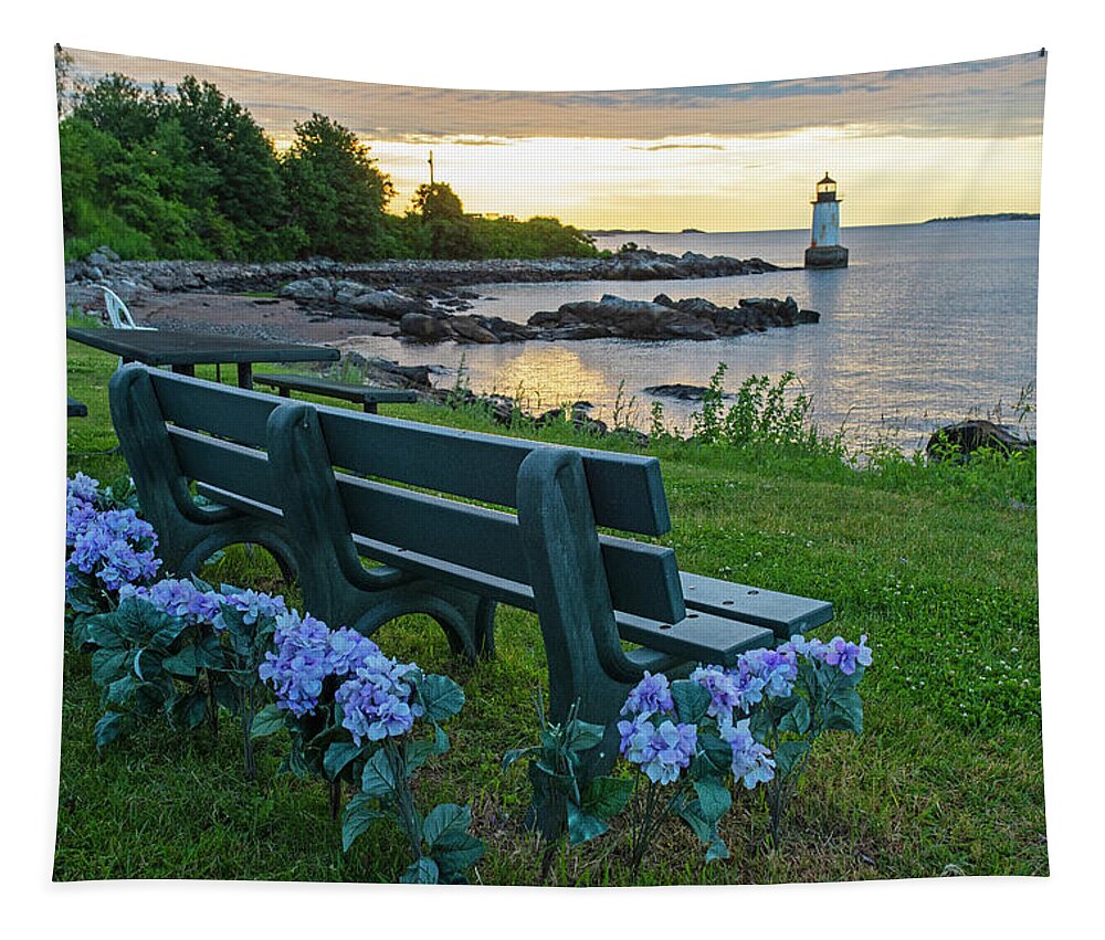 Salem Tapestry featuring the photograph Salem MA Flower Bench Winter Island Pickering Light Sunrise by Toby McGuire