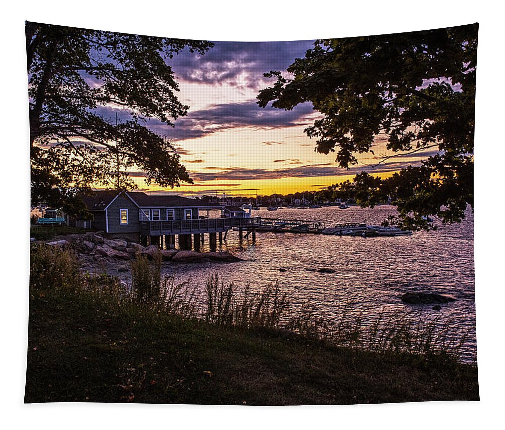 Salem Tapestry featuring the photograph Salem Willows Yacht Club Sunset Salem MA by Toby McGuire