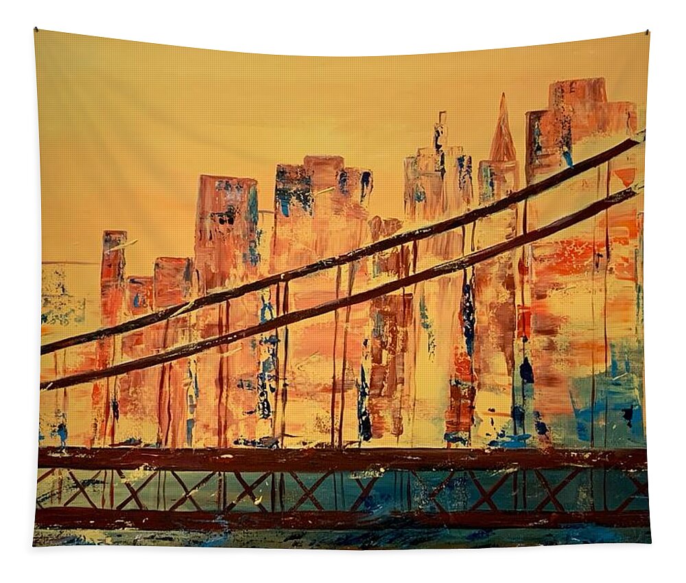 Sunset On Golden Gate Bridge Tapestry featuring the painting San Francisco-Bay Bridge by Raji Musinipally
