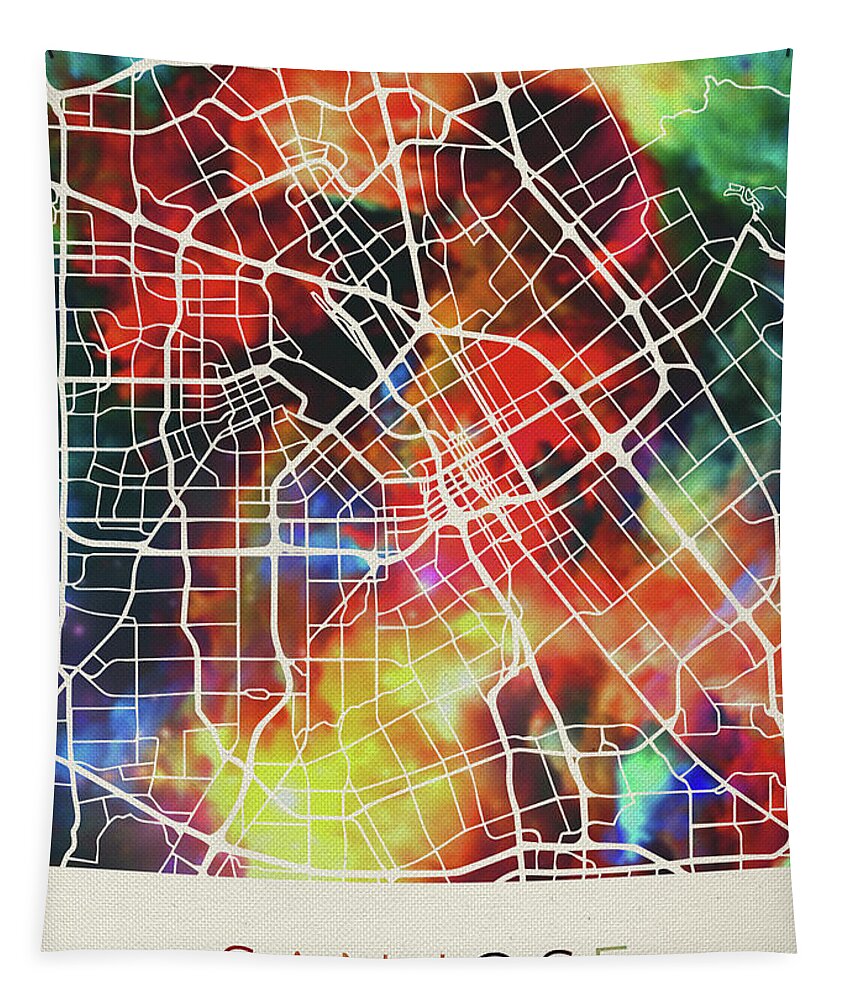 San Jose Tapestry featuring the mixed media San Jose California Watercolor City Street Map by Design Turnpike