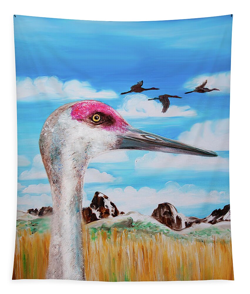 Sandhill Crane Tapestry featuring the painting Sandhill Crane Teton View by Shelley Myers