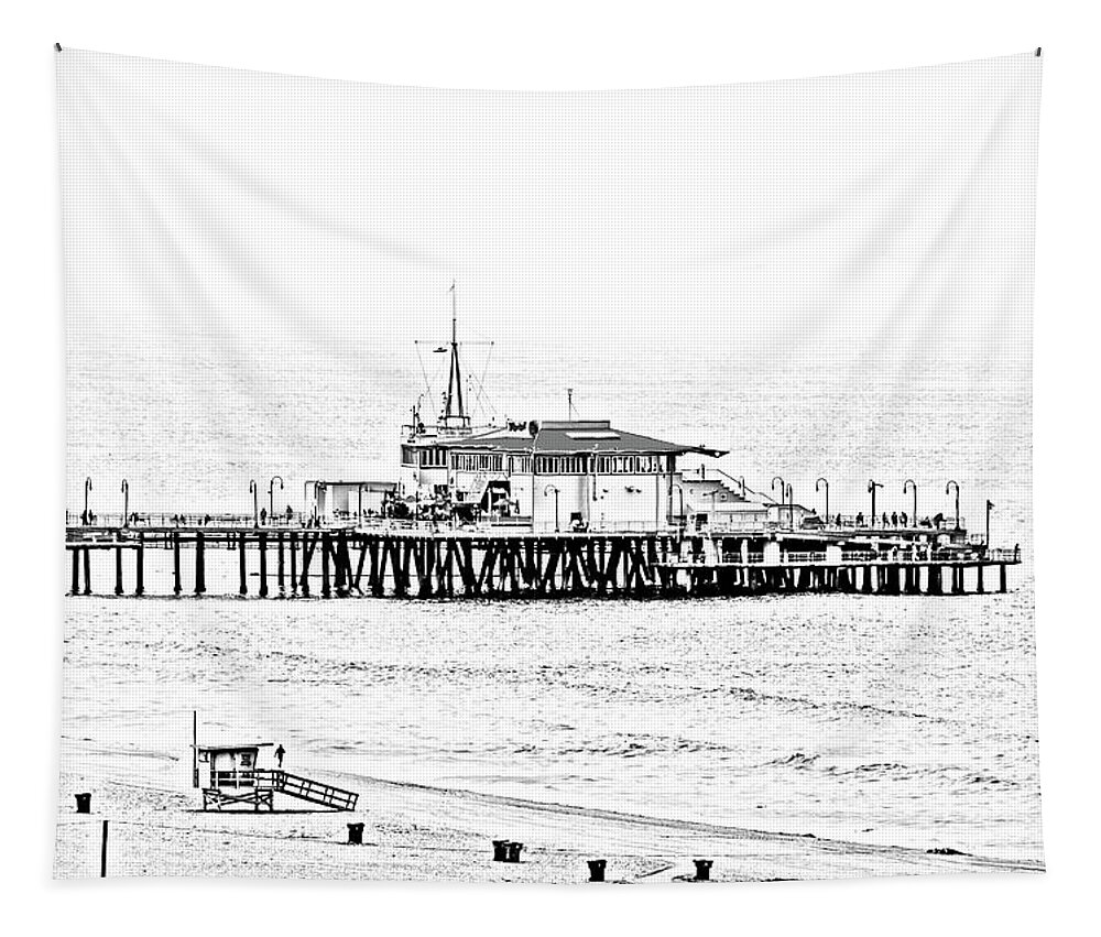 Santa Monica Pier Tapestry featuring the photograph Santa Monica Pier BandW by Gene Parks