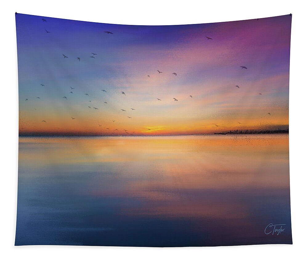 Seascape Tapestry featuring the mixed media Sapphire Sunset by Colleen Taylor